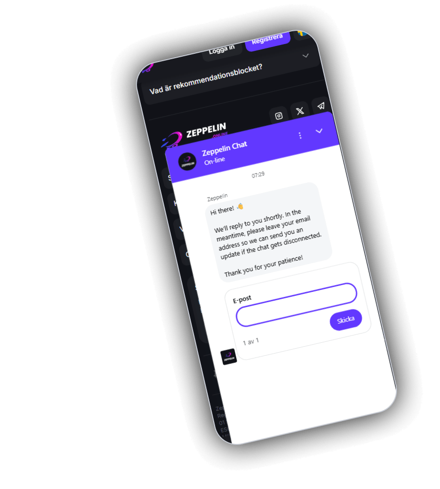 Zeppelin Chat i mobilen ovanför sidfoten: lila sidhuvud med Zeppelin Chat och On-line, klockslaget 07:29, ett välkomstmeddelande på engelska som ber om en e-postadress, fältet E-post med lila ram och knappen Skicka, texten 1 av 1 och bakom fönstret frågan Vad är rekommendationsblocket? samt Zeppelins logotyp och ikoner för Instagram, X och Telegram