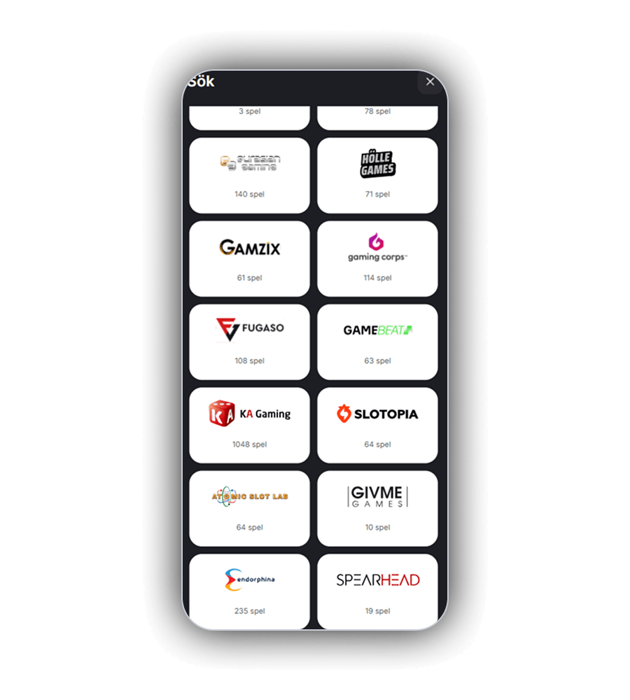 Zeppelins sökvy Sök i mobilen med vita leverantörskort: två avkortade kort med 3 spel och 78 spel, sedan Eurasian Gaming 140 spel, Hölle Games 71 spel, Gamzix 61 spel, Gaming Corps 114 spel, Fugaso 108 spel, Gamebeat 63 spel, KA Gaming 1048 spel, Slotopia 64 spel, Atomic Slot Lab 64 spel, Givme Games 10 spel, Endorphina 235 spel och Spearhead 19 spel