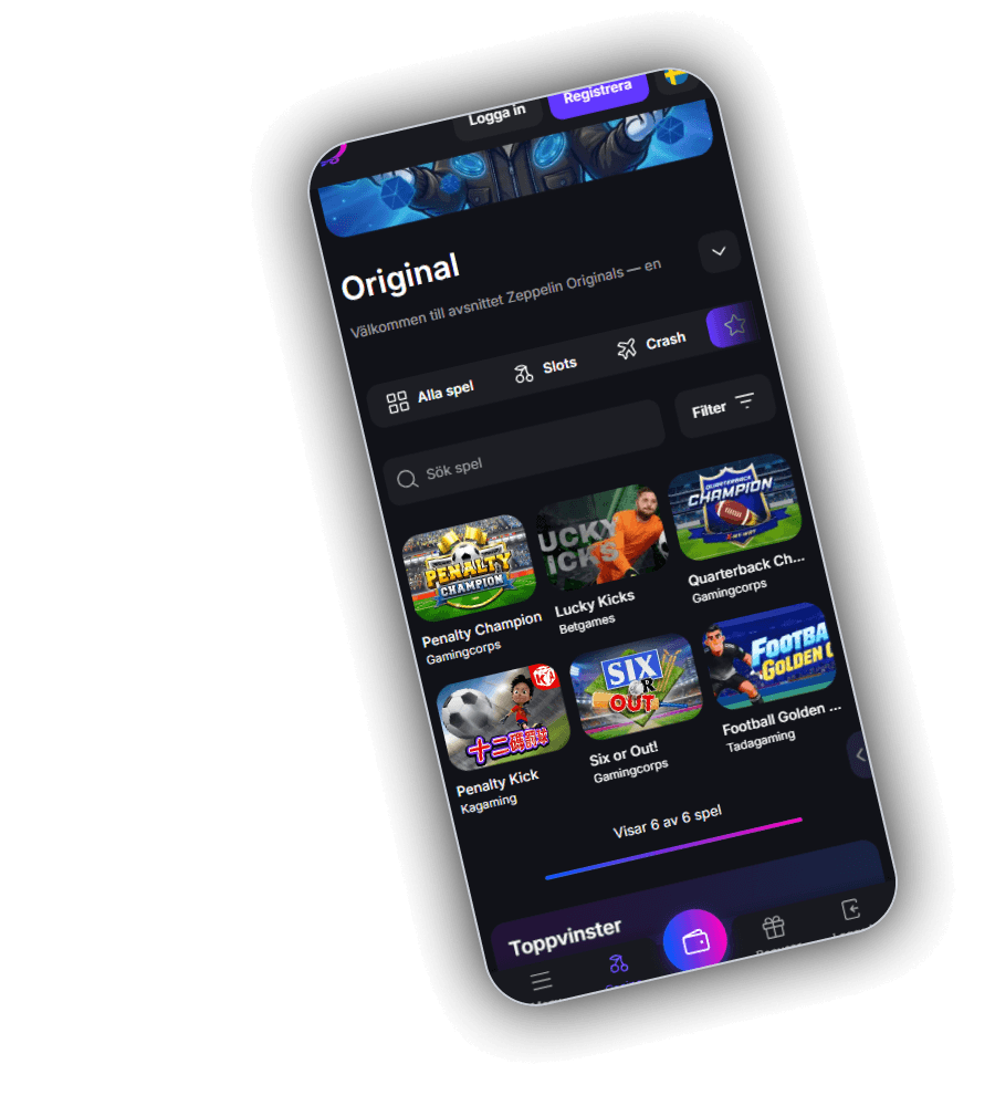 Zeppelins avsnitt Original i mobilen med rubriken Original och texten Välkommen till avsnittet Zeppelin Originals, flikarna Alla spel, Slots och Crash, knappen Filter, sökfältet Sök spel och sex spelrutor: Penalty Champion och Quarterback Champion och Six or Out från Gamingcorps, Lucky Kicks från Betgames, Penalty Kick från Kagaming och Football Golden League från Tadagaming, under dem texten Visar 6 av 6 spel och raden Toppvinster